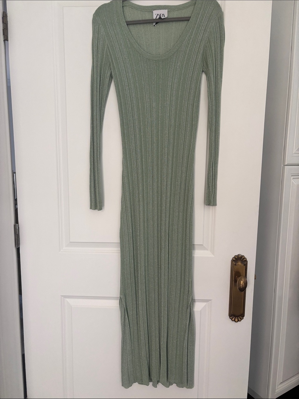 Zara Sage Green Ribbed Maxi Dress with Long Sleeves